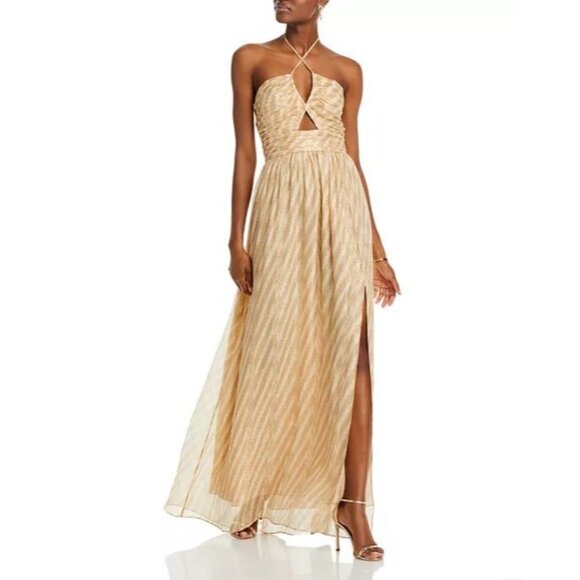 Ramy Brook Size 10 Athena Metallic Stripe Silk Blend Halter Dress NEW - Picture 1 of 3